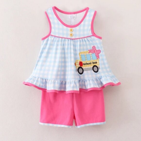 Boutique Back to School Bus Girls Tunic & Shorts Outfit Set - Picture 1 of 6